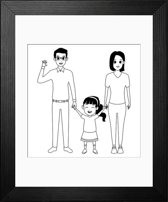 Framed Print : Family parents and childrens cartoons in black and white Framed Print : Family parents and childrens cartoons in black and white