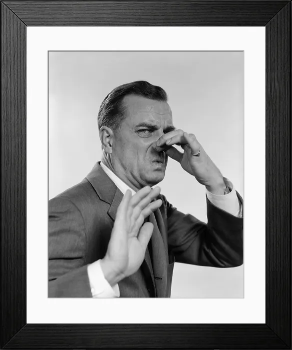 Framed Print : 1950s 1960s MAN 3 / 4 PROFILE HAND HOLDING NOSE CLOSED HAND OUT TOWARD CAMERA FACIAL EXPRESSION DISGUST STINKING Framed Print : 1950s 1960s MAN 3 / 4 PROFILE HAND HOLDING NOSE CLOSED HAND OUT TOWARD CAMERA FACIAL EXPRESSION DISGUST STINKING