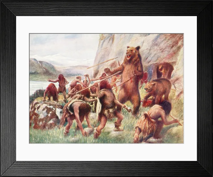 Framed Print : Stone age man hunting wild bears Framed Print : Stone age man hunting wild bears