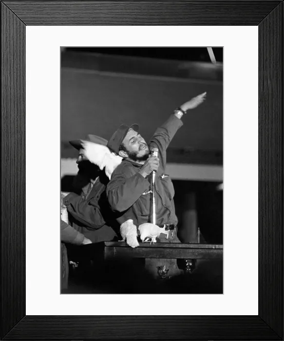Framed Print : Cuba. Fidel Castro making victory speech in Havana the night of the revolution, 8 Jan, 1959, with white doves of peace Framed Print : Cuba. Fidel Castro making victory speech in Havana the night of the revolution, 8 Jan, 1959, with white doves of peace