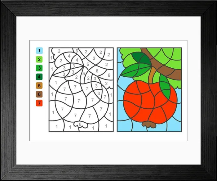 Framed Print : Vector coloring page Color by numbers apple. Puzzle game for children education and activities Framed Print : Vector coloring page Color by numbers apple. Puzzle game for children education and activities