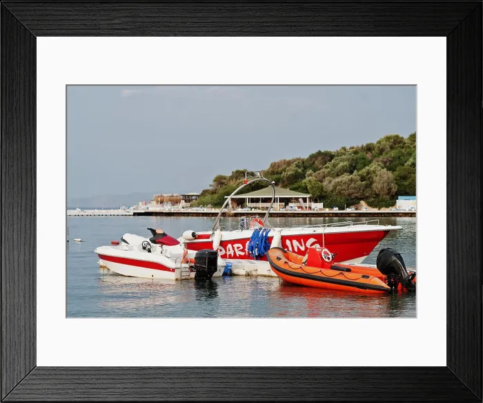 Framed Print : Red parasailing boat on a calm blue sea of Bodrum, Turkey Framed Print : Red parasailing boat on a calm blue sea of Bodrum, Turkey