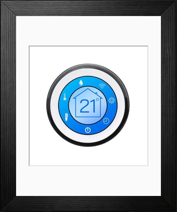 Framed Print : Thermostat displaying temperature in Celsius scale and different icons. Smart home device on white background Framed Print : Thermostat displaying temperature in Celsius scale and different icons. Smart home device on white background