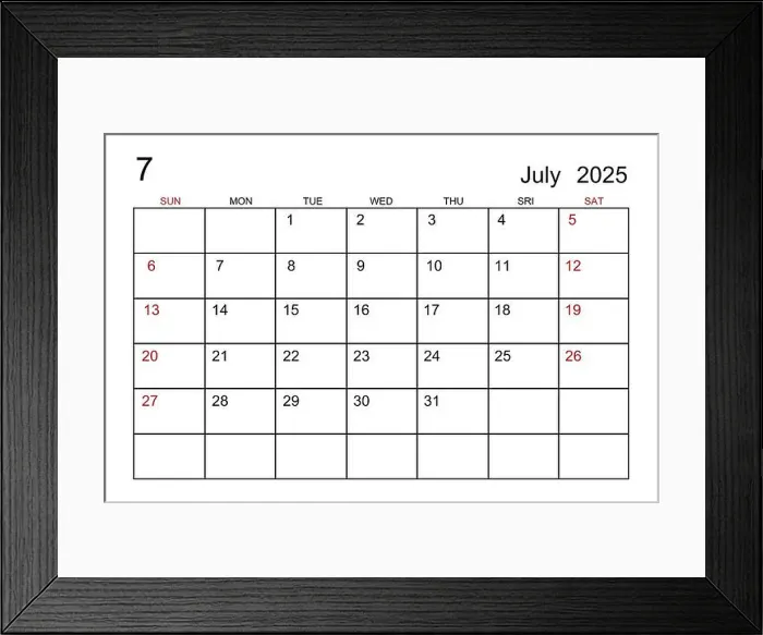 Framed Print : July 2025 calendar template on white paper background Framed Print : July 2025 calendar template on white paper background