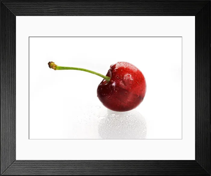 Framed Print : Red cherry with stem isolated on white background Framed Print : Red cherry with stem isolated on white background