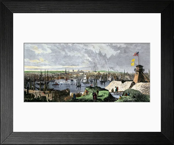 Framed Print : Busy port of Baltimore, Maryland, 1870s, viewed from Federal Hill. Hand-colored woodcut Framed Print : Busy port of Baltimore, Maryland, 1870s, viewed from Federal Hill. Hand-colored woodcut