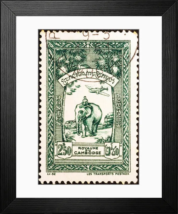 Framed Print : Elephant at work on vintage cambodian postage stamp Framed Print : Elephant at work on vintage cambodian postage stamp