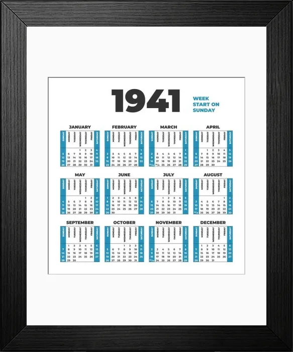 Framed Print : 1941 year vector calendar. Weeks start on Sunday Framed Print : 1941 year vector calendar. Weeks start on Sunday