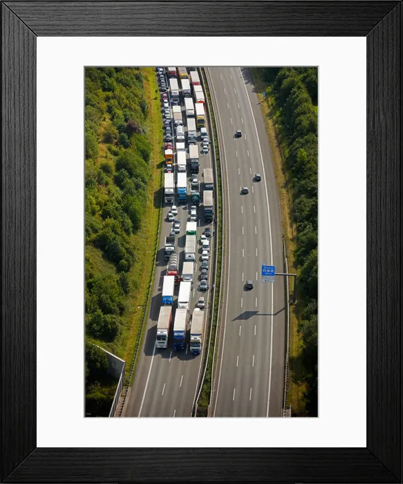 Framed Print : Aerial view, traffic jam due to an accident with a truck resulting in closure of the highway, Hamm, Ruhr Area Framed Print : Aerial view, traffic jam due to an accident with a truck resulting in closure of the highway, Hamm, Ruhr Area