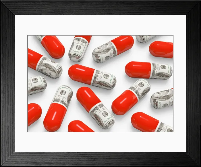 Framed Print : Pills decorated with dollar bills Framed Print : Pills decorated with dollar bills