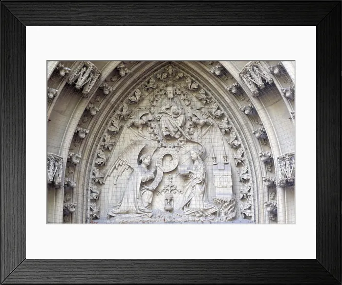 Framed Print : The tympanum shows the Annunciation to Mary, portal of the Marienkapelle in Wurzburg, Bavaria, Germany Framed Print : The tympanum shows the Annunciation to Mary, portal of the Marienkapelle in Wurzburg, Bavaria, Germany