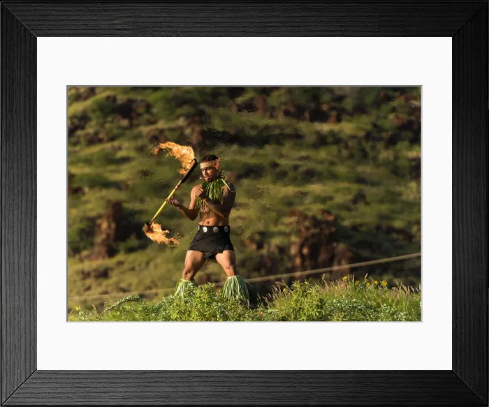 Framed Print : Male fire dancer performing with fire levi stick