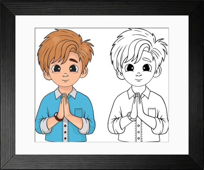 Framed Print : Cute praying boy teenager with folded hands in prayer. Linear hand and color drawing. Religious believer male character