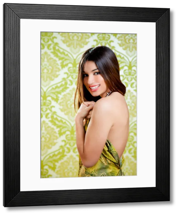 Framed Print : Asian Indian brunette beautiful girl with sexy open back dress Framed Print : Asian Indian brunette beautiful girl with sexy open back dress