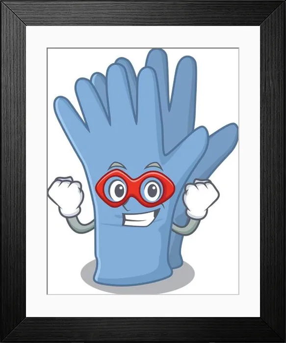 Framed Print : A cartoon drawing of medical gloves in a Super hero character Framed Print : A cartoon drawing of medical gloves in a Super hero character