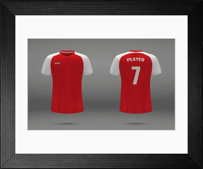 Framed Print : Realistic soccer jersey, t-shirt of Arsenal London, uniform template for football Framed Print : Realistic soccer jersey, t-shirt of Arsenal London, uniform template for football