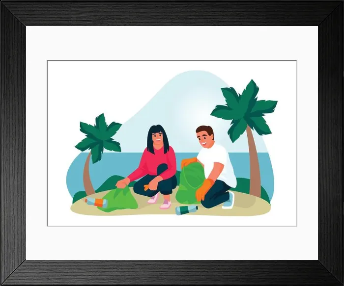 Framed Print : Young couple of volunteers clean up plastic trash on tropical sand beach Framed Print : Young couple of volunteers clean up plastic trash on tropical sand beach