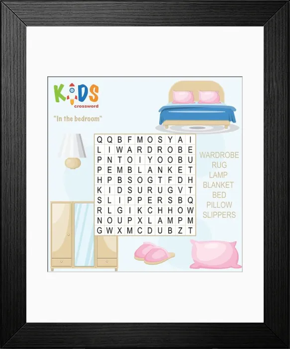 Framed Print : Easy word search crossword puzzle In the bedroom Framed Print : Easy word search crossword puzzle In the bedroom