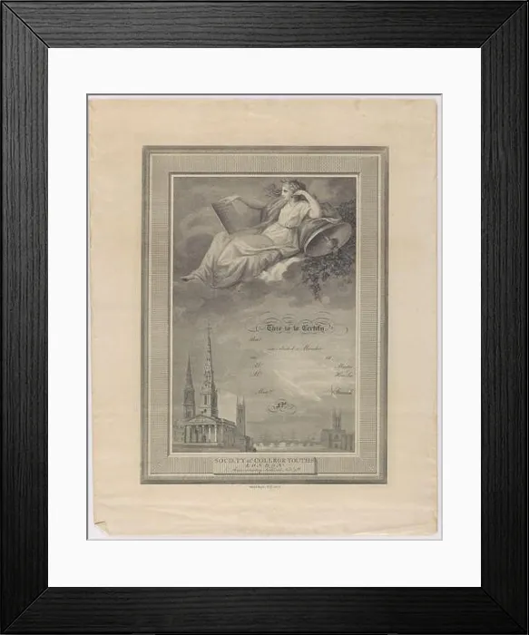 Framed Print : Society of College Youths membership certificate, 1800s, England, maker unknown. Gift of Mrs E Richards Framed Print : Society of College Youths membership certificate, 1800s, England, maker unknown. Gift of Mrs E Richards