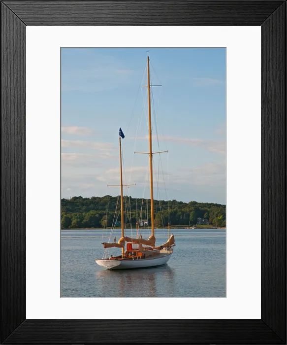 Framed Print : Connecticut Mystic River wooden classic sailboat Araminta - Herreshoff Auxiliary Ketch built 1954 on mooring Framed Print : Connecticut Mystic River wooden classic sailboat Araminta - Herreshoff Auxiliary Ketch built 1954 on mooring