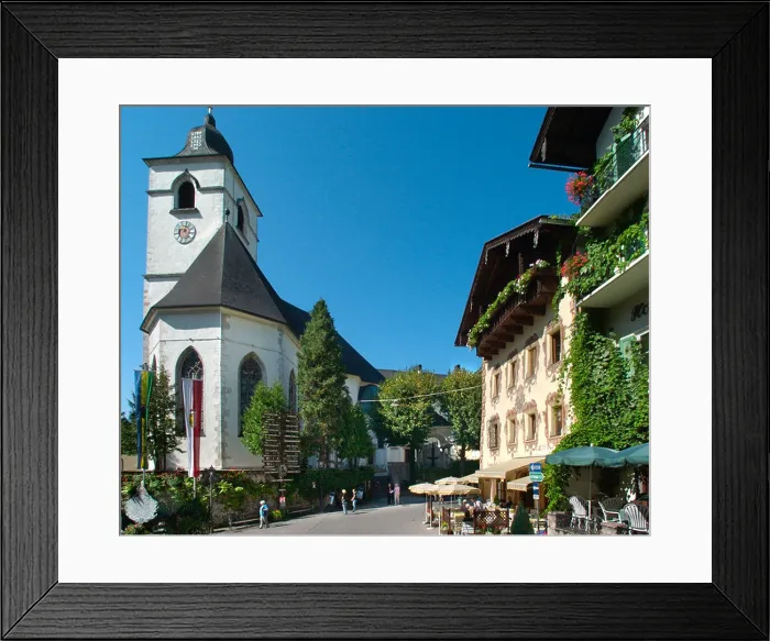 Framed Print : Church and street cafe in the old town centre, St Wolfgang, Lake Wolfgang, Salzkammergut, Austria Framed Print : Church and street cafe in the old town centre, St Wolfgang, Lake Wolfgang, Salzkammergut, Austria