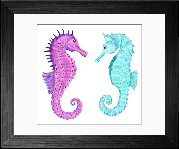 Framed Print : Watercolor illustration of seahorse in blue turquoise purple colors Framed Print : Watercolor illustration of seahorse in blue turquoise purple colors