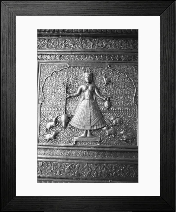 Framed Print : Old vintage 1900s photo of Indian Goddess Karnimata silver statue panel at Deshnok Rat temple Bikaner Rajasthan India Framed Print : Old vintage 1900s photo of Indian Goddess Karnimata silver statue panel at Deshnok Rat temple Bikaner Rajasthan India