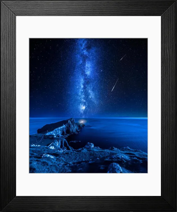Framed Print : Neist point lighthouse and falling stars, Isle of Skye, Scotland Framed Print : Neist point lighthouse and falling stars, Isle of Skye, Scotland