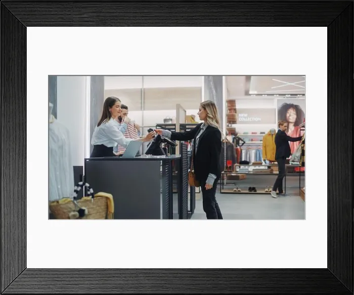 Framed Print : Clothing Store Checkout Cashier Counter: Beautiful Young Woman Buys Blouse from Friendly Retail Sales assistant Framed Print : Clothing Store Checkout Cashier Counter: Beautiful Young Woman Buys Blouse from Friendly Retail Sales assistant