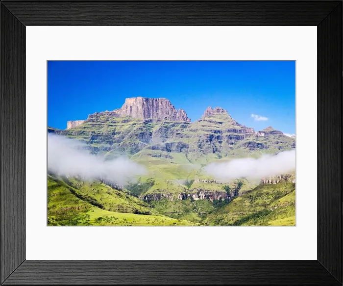 Framed Print : Cathkin Peak, Monk's Cowl and Champagne Castle on a sunny day and a blue sky, Drakensberg, South Africa Framed Print : Cathkin Peak, Monk's Cowl and Champagne Castle on a sunny day and a blue sky, Drakensberg, South Africa