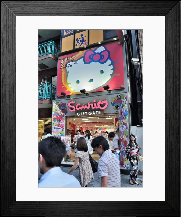 Framed Print : Entrance of Sanrio 'Hello Kitty' giftstore and Japanese girl in Kimono passing by (Tokyo, Japan) Framed Print : Entrance of Sanrio 'Hello Kitty' giftstore and Japanese girl in Kimono passing by (Tokyo, Japan)
