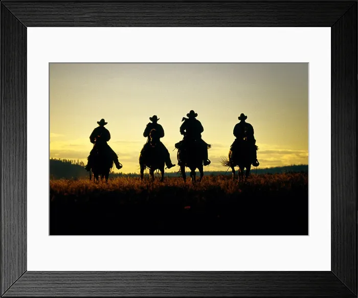 Framed Print : Four cowboys hitting the trail at sunrise Framed Print : Four cowboys hitting the trail at sunrise