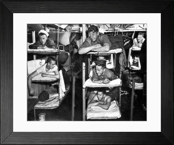 Framed Print : Sailors 'at home' in crew quarters of ship bound for North Africa on the way to invade Sicily during World War II Framed Print : Sailors 'at home' in crew quarters of ship bound for North Africa on the way to invade Sicily during World War II