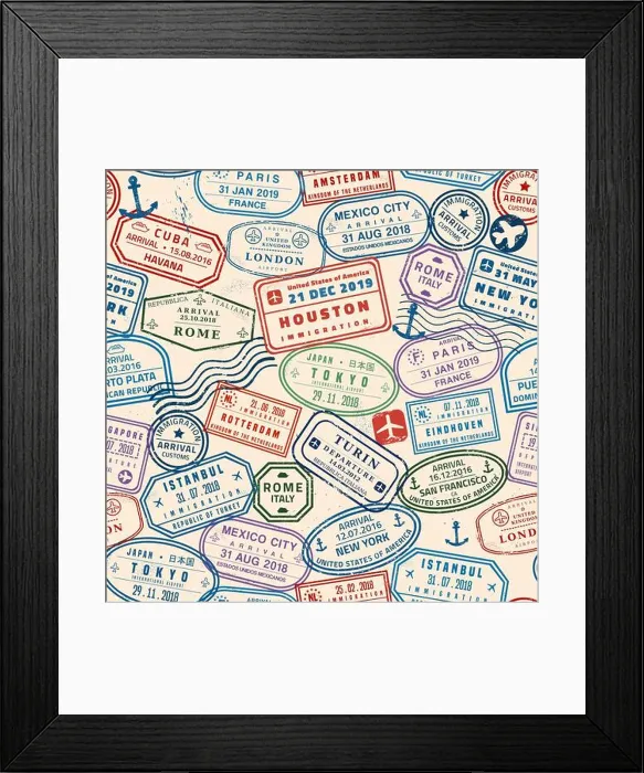 Framed Print : Passport stamp seamless background - novelty vector passport stamps illustration Framed Print : Passport stamp seamless background - novelty vector passport stamps illustration