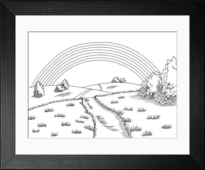 Framed Print : Rainbow hills graphic black white road landscape sketch illustration vector Framed Print : Rainbow hills graphic black white road landscape sketch illustration vector