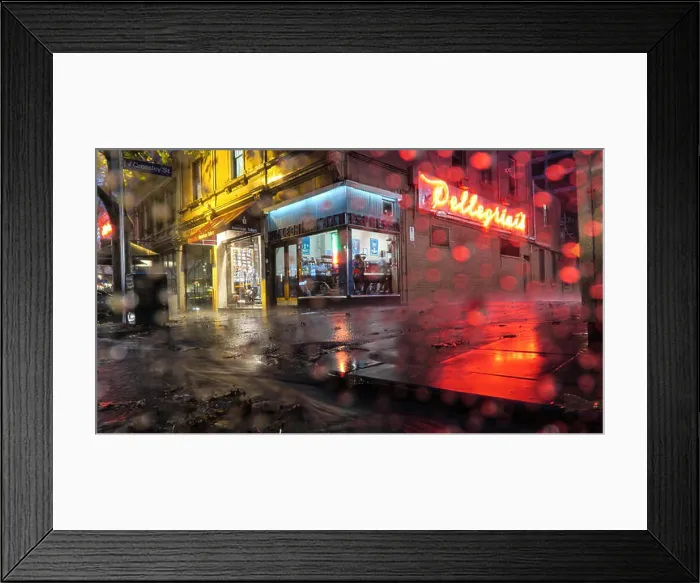 Framed Print : Melbourne scenes : Iconic Melbourne cafe Pellegrini's on a wet wintry night Framed Print : Melbourne scenes : Iconic Melbourne cafe Pellegrini's on a wet wintry night