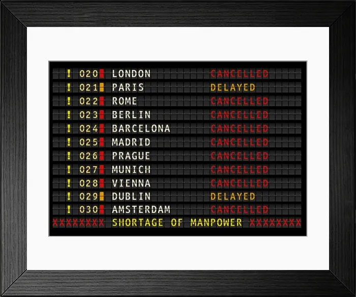Framed Print : airport information displaying cancelled and delayed flights due to shortage of staff vector illustration Framed Print : airport information displaying cancelled and delayed flights due to shortage of staff vector illustration