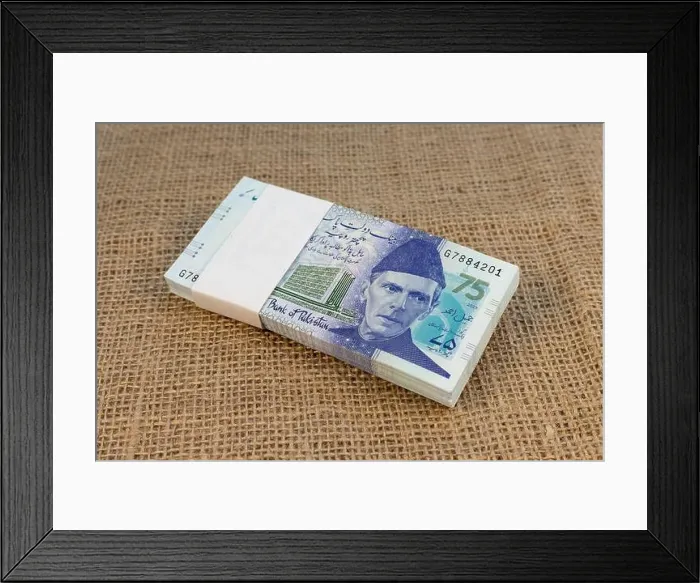Framed Print : Pakistan new seventy five rupees commemorative note issued on a 75th independence day 75th anniversary note Framed Print : Pakistan new seventy five rupees commemorative note issued on a 75th independence day 75th anniversary note