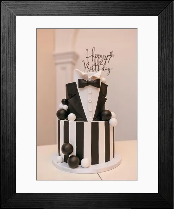 Framed Print : Black and white cake on the table with the inscription happy 47th birthday Framed Print : Black and white cake on the table with the inscription happy 47th birthday