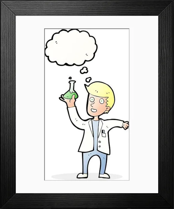 Framed Print : cartoon happy scientist with thought bubble Framed Print : cartoon happy scientist with thought bubble