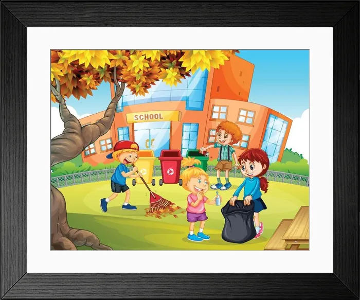 Framed Print : Kids volunteering cleaning up school illustration Framed Print : Kids volunteering cleaning up school illustration