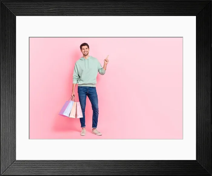 Framed Print : Full length photo of positive client customer wear khaki trendy clothes hold bags arm direct empty space isolated Framed Print : Full length photo of positive client customer wear khaki trendy clothes hold bags arm direct empty space isolated