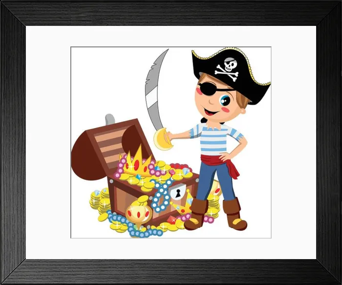 Framed Print : Cartoon pirate kid with eye patch and sword in front of treasure chest isolated Framed Print : Cartoon pirate kid with eye patch and sword in front of treasure chest isolated