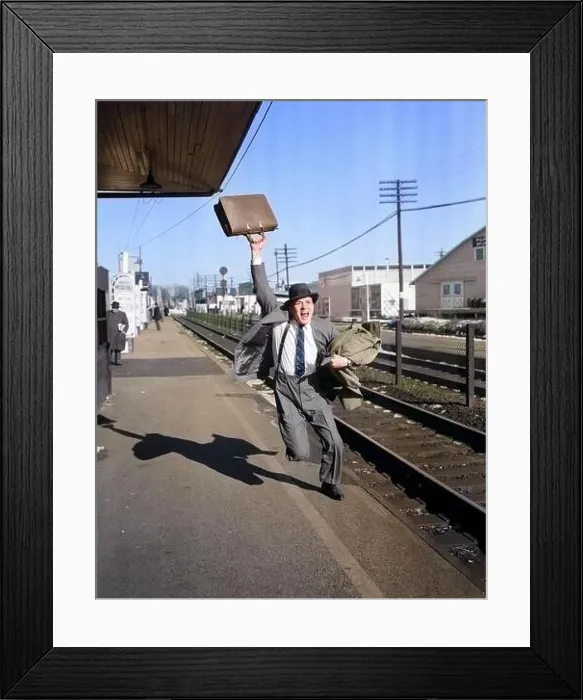 Framed Print : 1950s DISTRESSED MAN LATE BUSINESSMAN WITH BRIEFCASE IN AIR RUNNING CALLING YELLING AFTER DEPARTING COMMUTER TRAIN