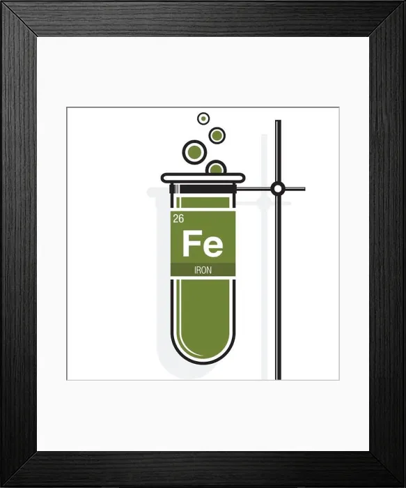 Framed Print : Iron symbol on label in a green test tube with holder Framed Print : Iron symbol on label in a green test tube with holder