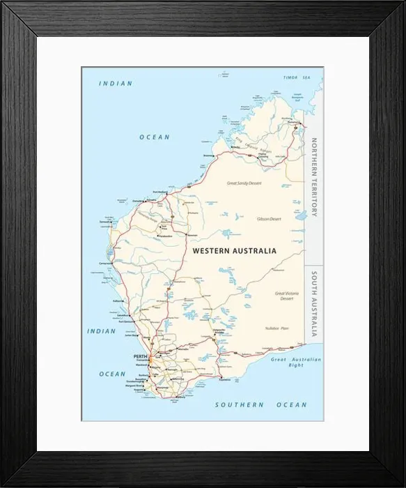 Framed Print : Road vector map of the Western Australian state Framed Print : Road vector map of the Western Australian state