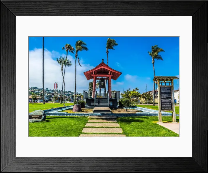 Framed Print : japanese friendship bell and sakura grove on shelter island in san diego Framed Print : japanese friendship bell and sakura grove on shelter island in san diego