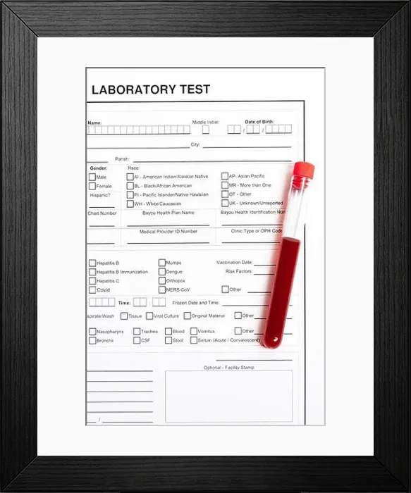 Framed Print : Laboratory form to fill in with results of blood test and red tube with blood Framed Print : Laboratory form to fill in with results of blood test and red tube with blood