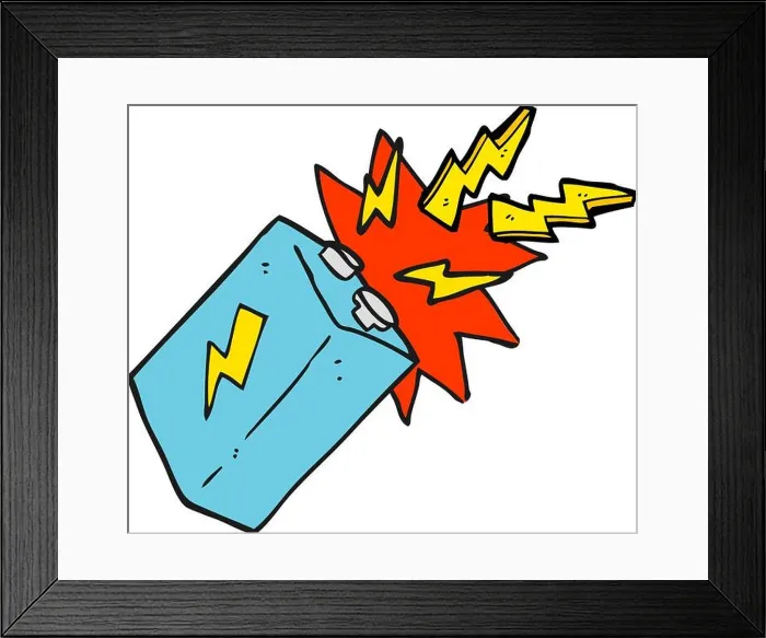 Framed Print : freehand drawn cartoon battery sparking Framed Print : freehand drawn cartoon battery sparking