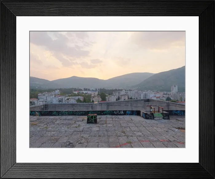 Framed Print : View of Mostar from roof of a derelict multi storey building known as The Sniper Tower since Bosnian war Framed Print : View of Mostar from roof of a derelict multi storey building known as The Sniper Tower since Bosnian war